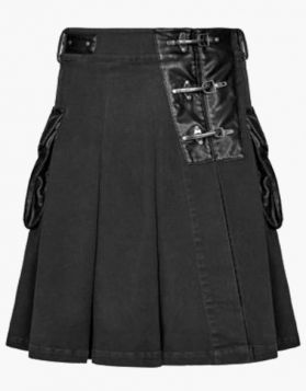 Black Denim Kilt with Leather Style - Front Image 