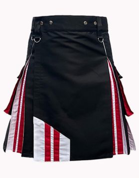 Men’s Black Hybrid Kilt with Patriotic Red & White Pleats