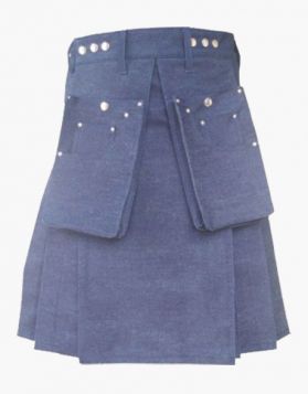 Blue Denim Kilt with Multiple Pockets - Front Image