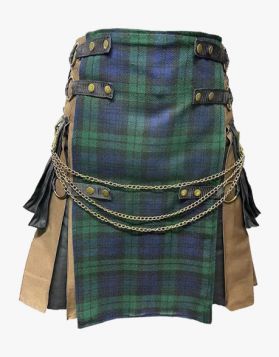 Brown & Black Gothic Hybrid Kilt with Black Watch Tartan Apron- Front Image