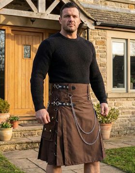 Gothic Brown Utility Kilt with Chains, Studs & D-Rings