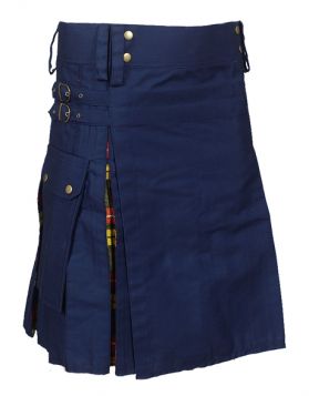 Buchanan Tartan Hybrid Kilt With Navy Blue Cotton- Front Image 