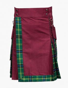 Burgundy and US Army Tartan Hybrid Kilt with Pockets