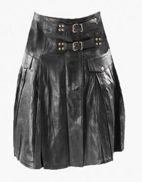 Classic Black Leather Kilt with Flap - Front Image 