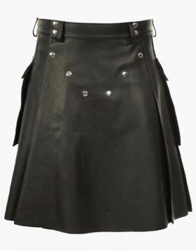 Fashion Black Leather Kilt with Pockets- Front Image