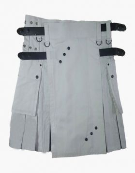 Female White and Black Hybrid Kilt with Leather Straps - Front Image 