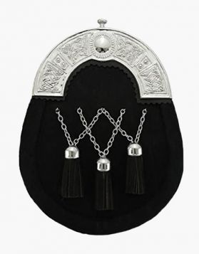Full Dress black Fur Kilt Sporran with 3 Tassels- Front Image