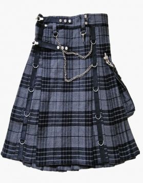 Gothic Gray Watch Tartan Utility Kilt with Detachable Pockets- Front Image 