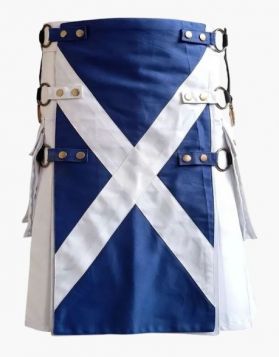 Gothic White Hybrid Kilt with Scotland Flag Apron - Front Image 