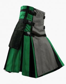Green and Black Hybrid Kilt with Detachable Gray Apron 