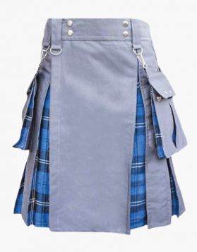 Grey & Ramsey Blue Tartan Hybrid Kilt with Detachable Pockets