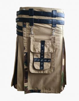 Khaki and Camo Hybrid Kilt with Front Pocket - Front Image