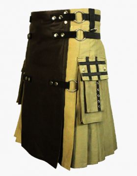 Khaki Hybrid Kilt with Detachable Black Leather Apron