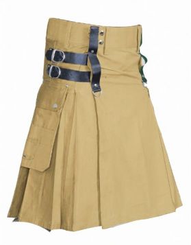 Khaki Utility Kilt with Fastening Straps - Front Image