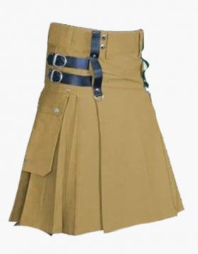 Khaki Utility Kilt with Fastening Straps - Front Image