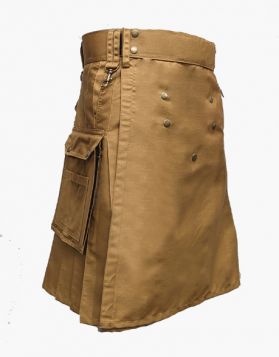 Khaki Utility Kilt with Multiple Pockets - Front Image 