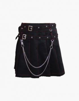 Ladies Black Pleated Mini Kilt with Chains  - Front Image 