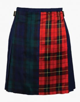 Ladies Blue Kilt with Black Watch and Wallace Tartan Apron 