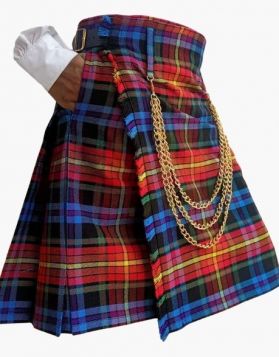 LGBT Modern Tartan Utility Kilt with Chains- Side Image 