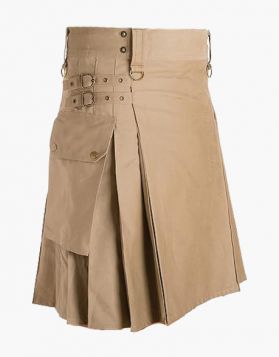 Men Khaki Utility Kilt with Simple Pockets  - Front Image 