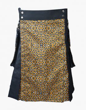Men Leopard and Black Hybrid Kilt with Detachable Pockets - Front Image