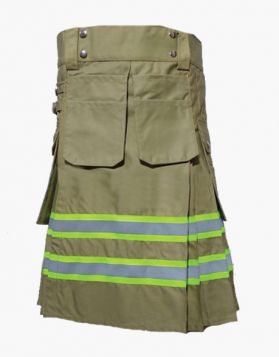 Men Olive Green Firefighter Kilt with Front Pockets - Front Image 