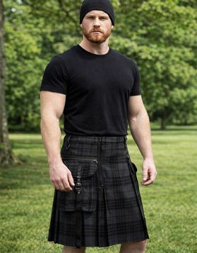 Men's Night Watch Tartan Punk Rave Utility Kilt- Front Image 