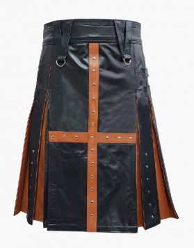 Mens Black and Brown Leather Kilt with Rivet Buttons -Front Image
