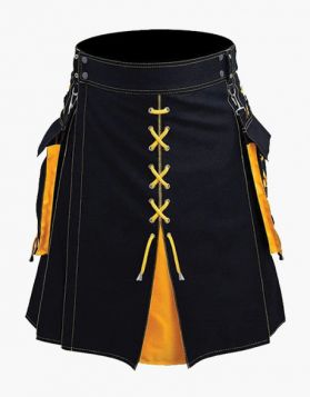 Men's Black And Yellow Hybrid Kilt With Detachable Pockets- Front Image 