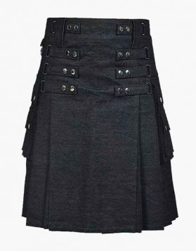 Men's Black Denim Kilt with Double Pockets- Front Image