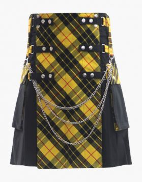 Mens Black Gothic Hybrid Kilt with Tartan Front Apron - Front Image