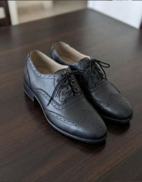 Men's Black Leather ghillie Brogue Shoes- Front Image 