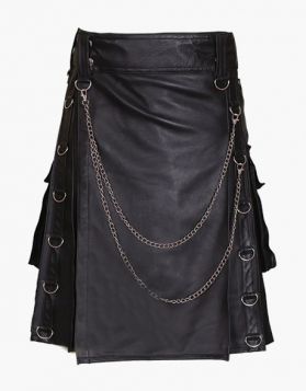 Mens Black Leather Gothic Kilt with Chains -Front Image