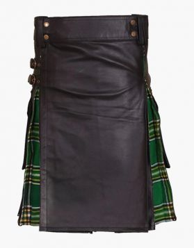 Mens Black Leather Hybrid Kilt with Irish Green Pleats - Front Image