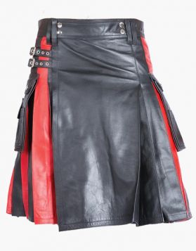 Black Leather Kilt with Red Pleats - Front Image 