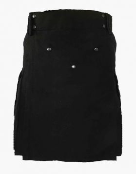 Mens Black Utility Kilt with Decorated Apron - Front Image