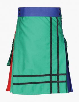 Mens Blue and Orange Utility Kilt with Green Apron