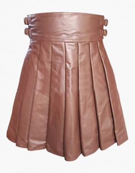 Men's Brown Pleated Leather Kilt-front Image