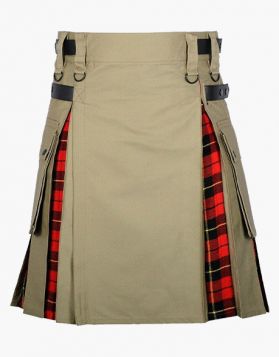 Men's Khaki And Wallace Tartan Hybrid Kilt- Front Image