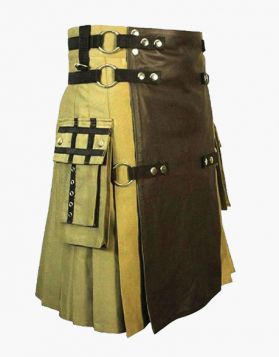 Mens Khaki Gothic Hybrid Kilt with Brown Leather Apron