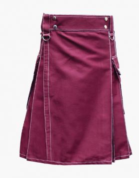 Mens Maroon Utility Kilt with Stylish Pockets - Front Image 