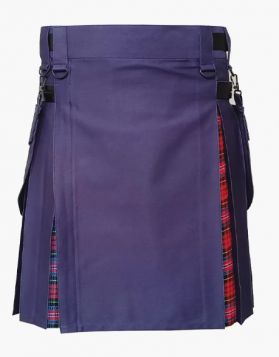 Mens Navy Blue and Macpherson Tartan Hybrid Kilt - Front Image