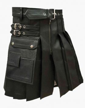 Men’s Stylish Black Pleated Leather Kilt- Front Image