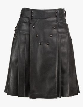 Men’s Stylish Black Utility Leather Kilt - Front Image
