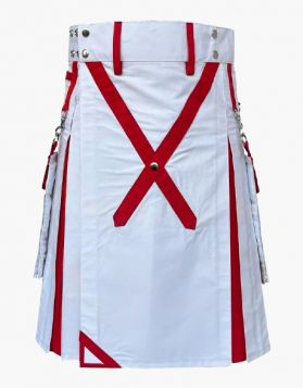 Mens Modern Red and White Hybrid Kilt - Front Image