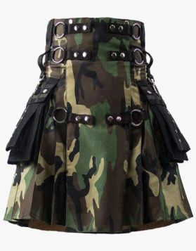 Men's Woodland Camo Gothic Utility Kilt with Black Pockets- Front Image