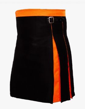 Modern Black & Orange Pleated Hybrid Kilt -Front Image