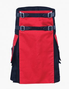 Modern Black and Red Two-Tone Utility Kilt with Detachable Apron- Front Image