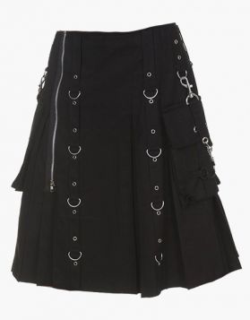 Modern Black Gothic Steampunk Kilt with Chains - Front Image 