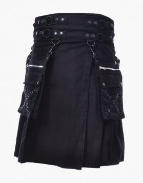 Modern Black Gothic Utility Kilt With Detachable Pockets & Eyelets